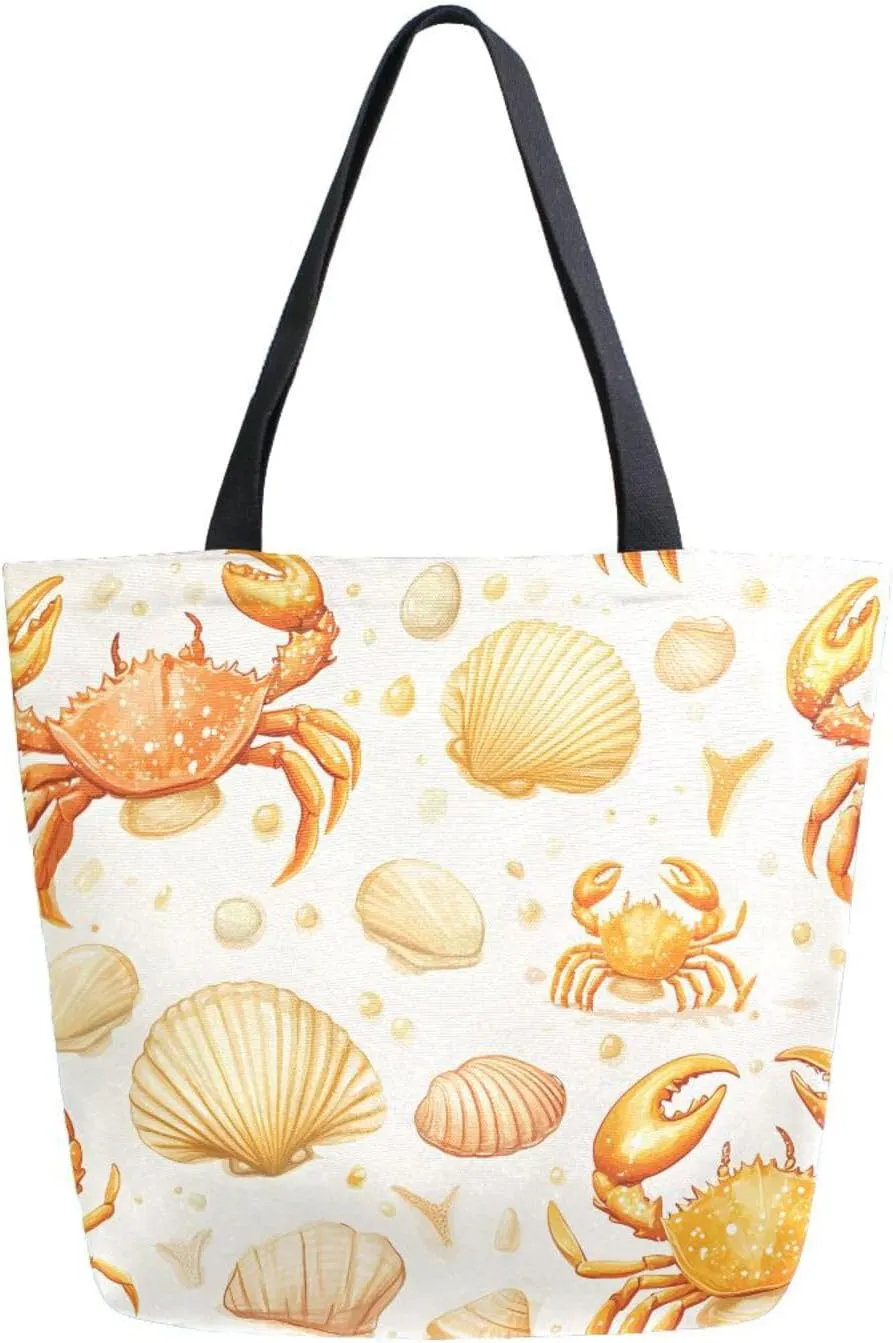 Extra Large Shoulder Tote Bag for Beach Travel Weekender Gym Crab Shellfish Pattern Yellow Orange Reusable Grocery Canvas Shopping Bag