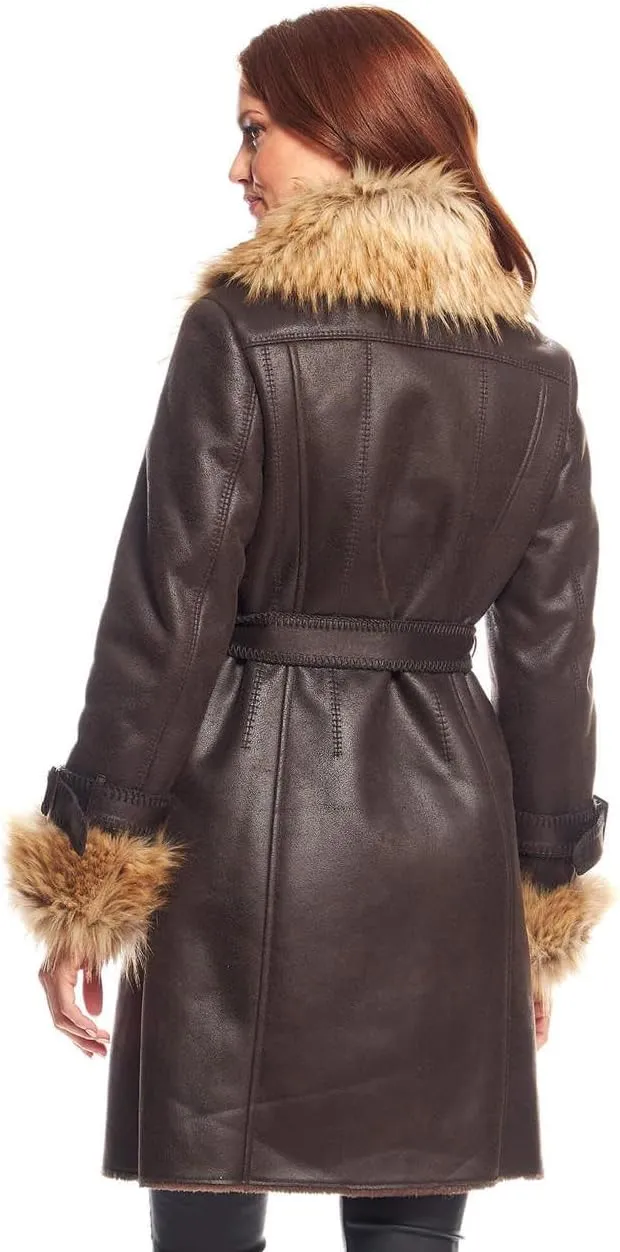 Fabulous-Furs Donna Salyers Tobacco Faux Fur Fox Collar Faux Suede Dakota Coat