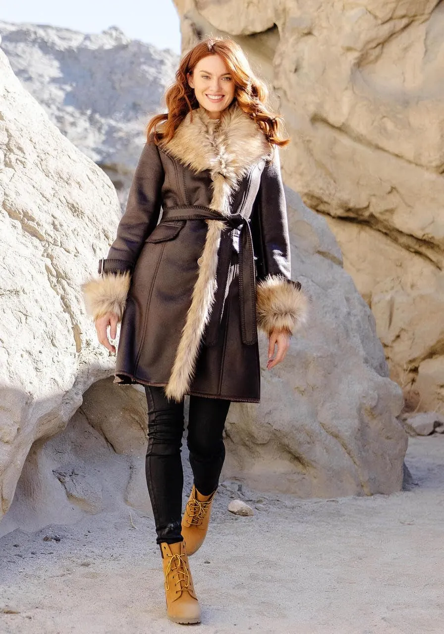 Fabulous-Furs Donna Salyers Tobacco Faux Fur Fox Collar Faux Suede Dakota Coat