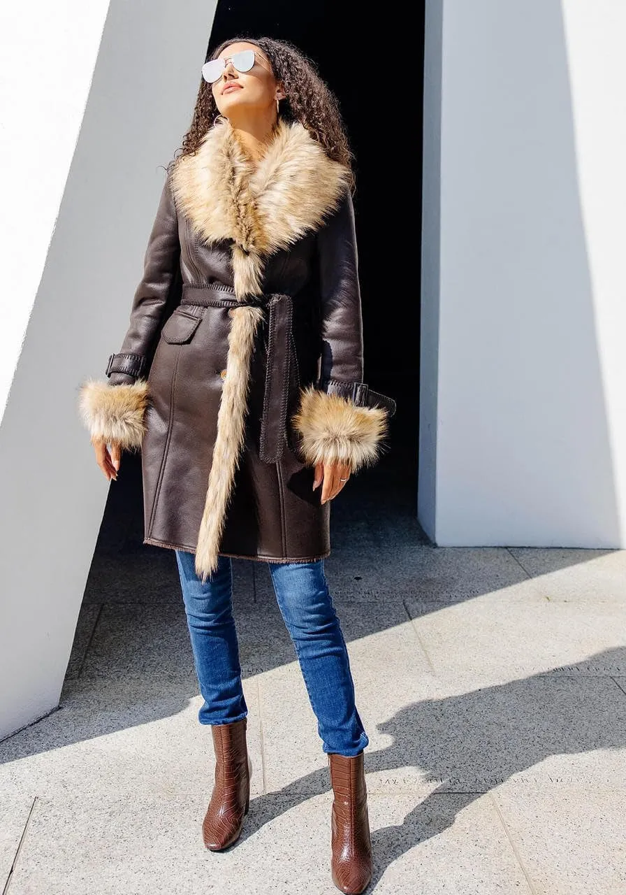 Fabulous-Furs Donna Salyers Tobacco Faux Fur Fox Collar Faux Suede Dakota Coat