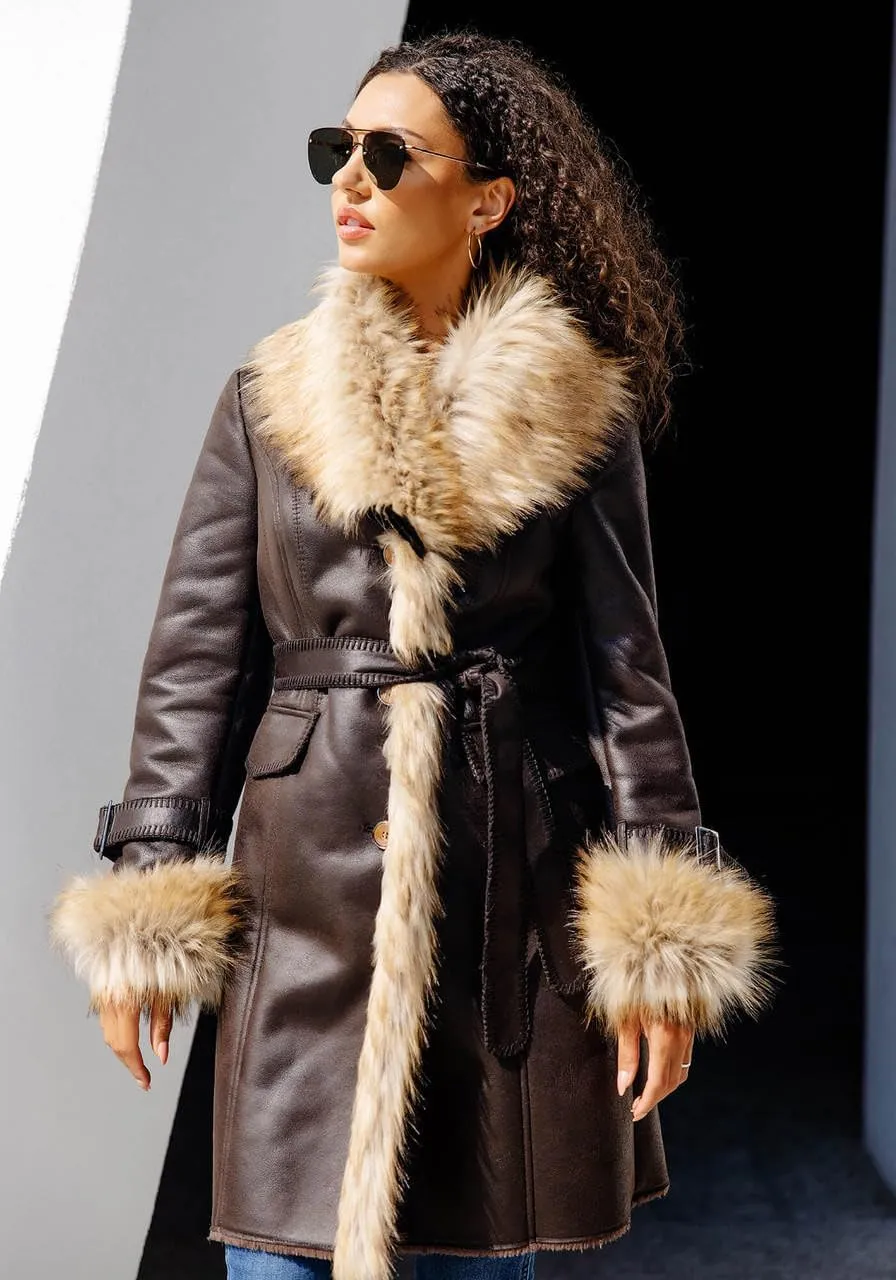 Fabulous-Furs Donna Salyers Tobacco Faux Fur Fox Collar Faux Suede Dakota Coat