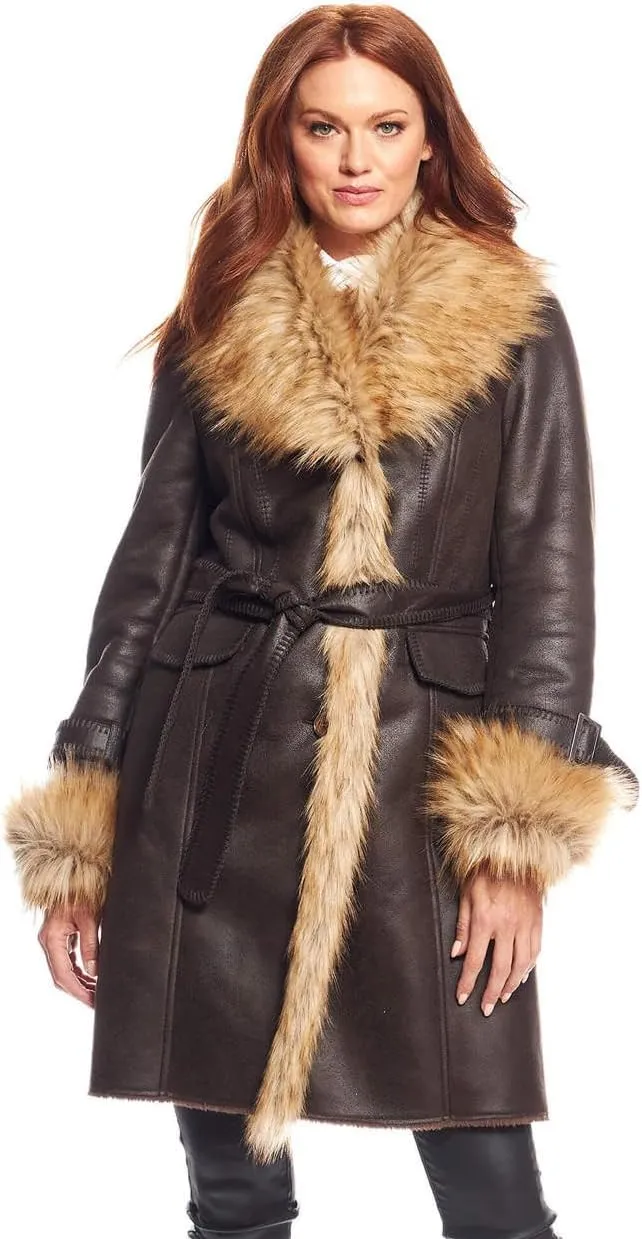 Fabulous-Furs Donna Salyers Tobacco Faux Fur Fox Collar Faux Suede Dakota Coat