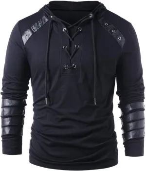 Fall Leather Patchwork Hoodie for Men Hippie Style Hooded Top Caribbean Solid Shirt