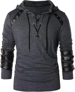 Fall Leather Patchwork Hoodie for Men Hippie Style Hooded Top Caribbean Solid Shirt