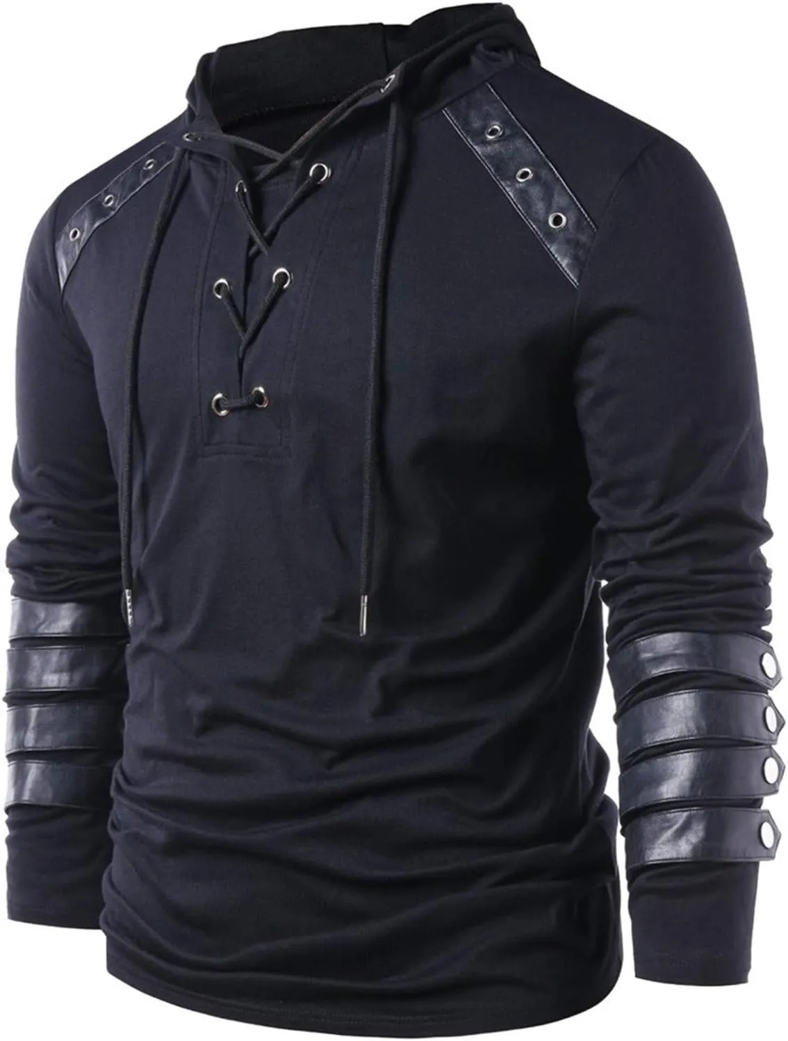 Fall Leather Patchwork Hoodie for Men Hippie Style Hooded Top Caribbean Solid Shirt