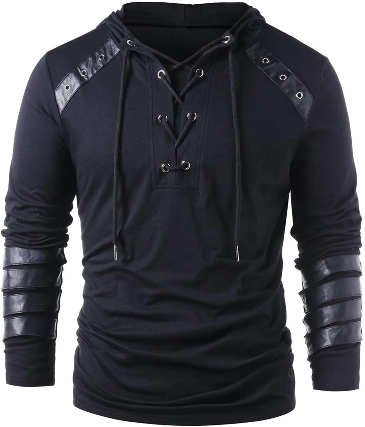Fall Leather Patchwork Hoodie for Men Hippie Style Hooded Top Caribbean Solid Shirt