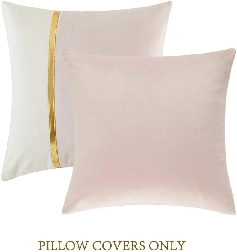 Fancy Homi 2 Packs Pink Throw Pillow Covers 22x22 Inch for Living Room Couch Bed, Blush Pink and White Velvet Patchwork with Gold Leather, Luxury Modern Home Decor, Accent Cushion Case 55x55 cm