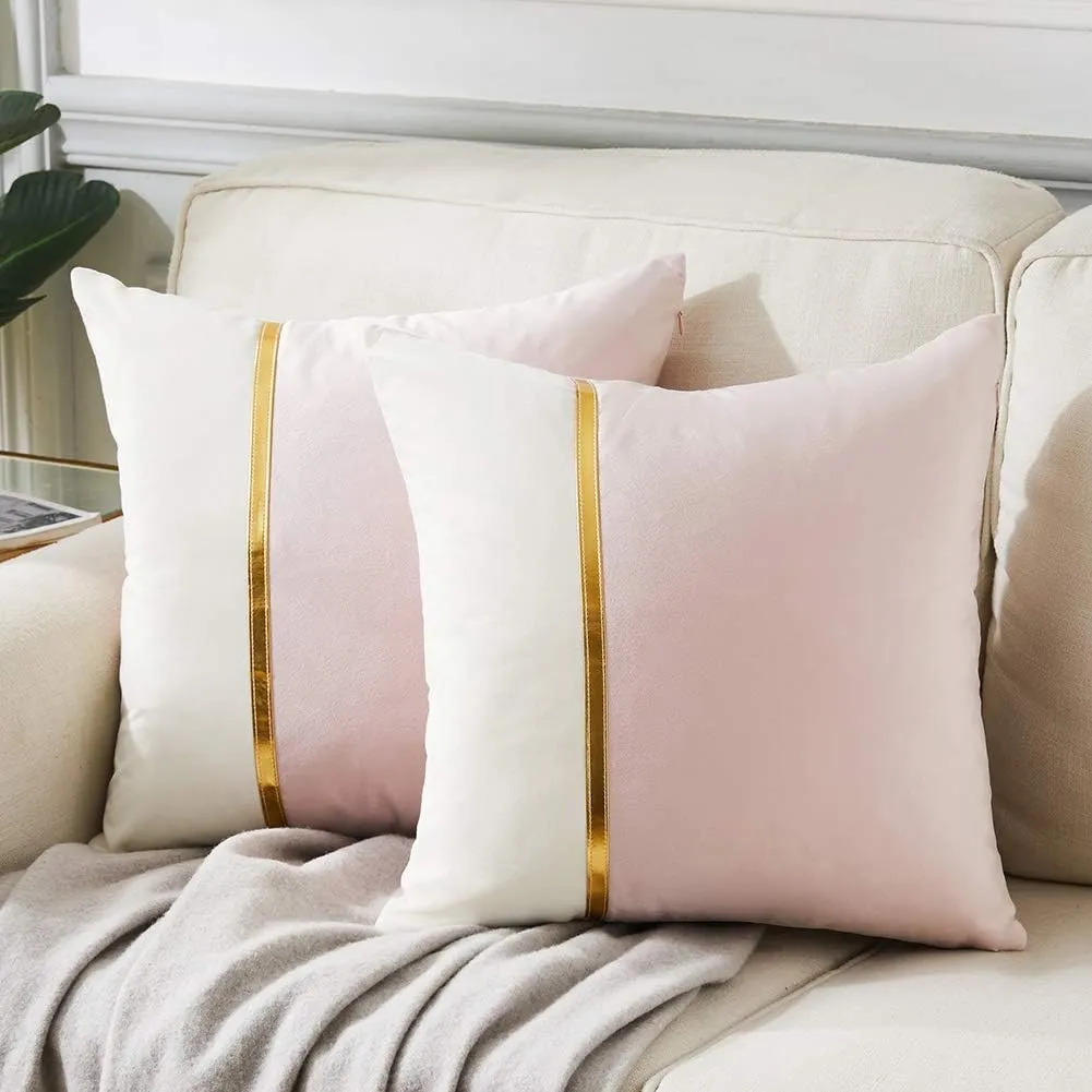 Fancy Homi 2 Packs Pink Throw Pillow Covers 22x22 Inch for Living Room Couch Bed, Blush Pink and White Velvet Patchwork with Gold Leather, Luxury Modern Home Decor, Accent Cushion Case 55x55 cm