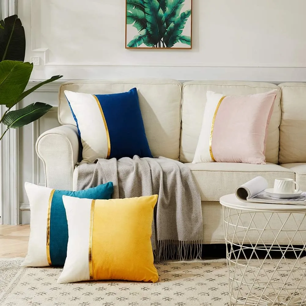 Fancy Homi 2 Packs Pink Throw Pillow Covers 22x22 Inch for Living Room Couch Bed, Blush Pink and White Velvet Patchwork with Gold Leather, Luxury Modern Home Decor, Accent Cushion Case 55x55 cm