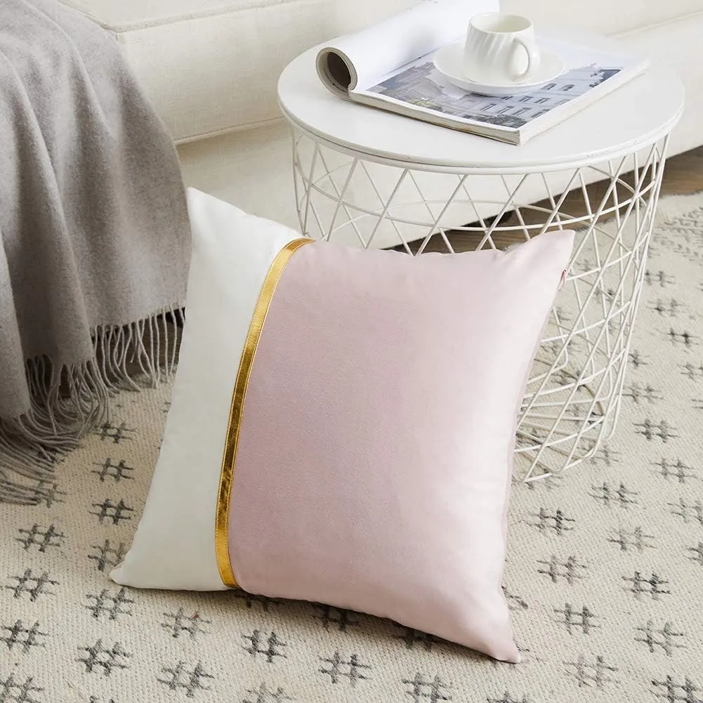 Fancy Homi 2 Packs Pink Throw Pillow Covers 22x22 Inch for Living Room Couch Bed, Blush Pink and White Velvet Patchwork with Gold Leather, Luxury Modern Home Decor, Accent Cushion Case 55x55 cm
