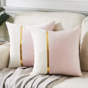 Fancy Homi 2 Packs Pink Throw Pillow Covers 22x22 Inch for Living Room Couch Bed, Blush Pink and White Velvet Patchwork with Gold Leather, Luxury Modern Home Decor, Accent Cushion Case 55x55 cm
