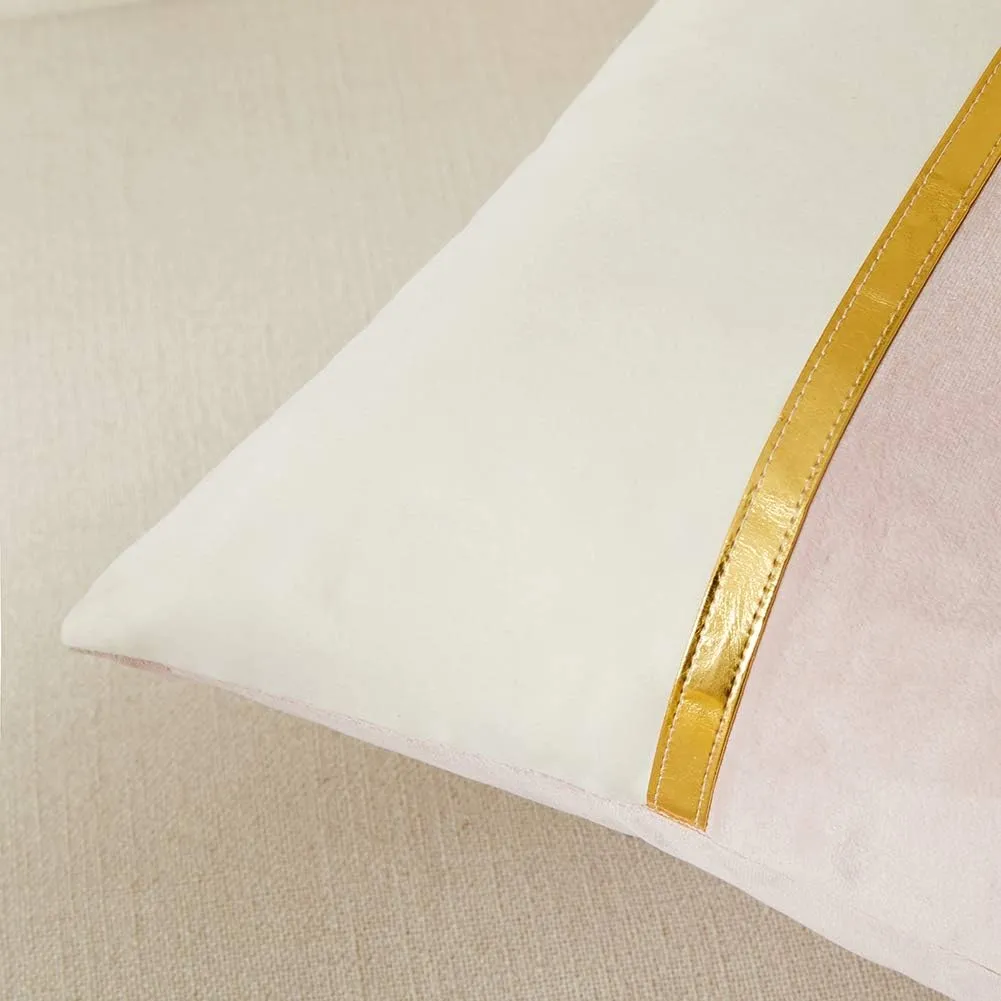 Fancy Homi 2 Packs Pink Throw Pillow Covers 22x22 Inch for Living Room Couch Bed, Blush Pink and White Velvet Patchwork with Gold Leather, Luxury Modern Home Decor, Accent Cushion Case 55x55 cm