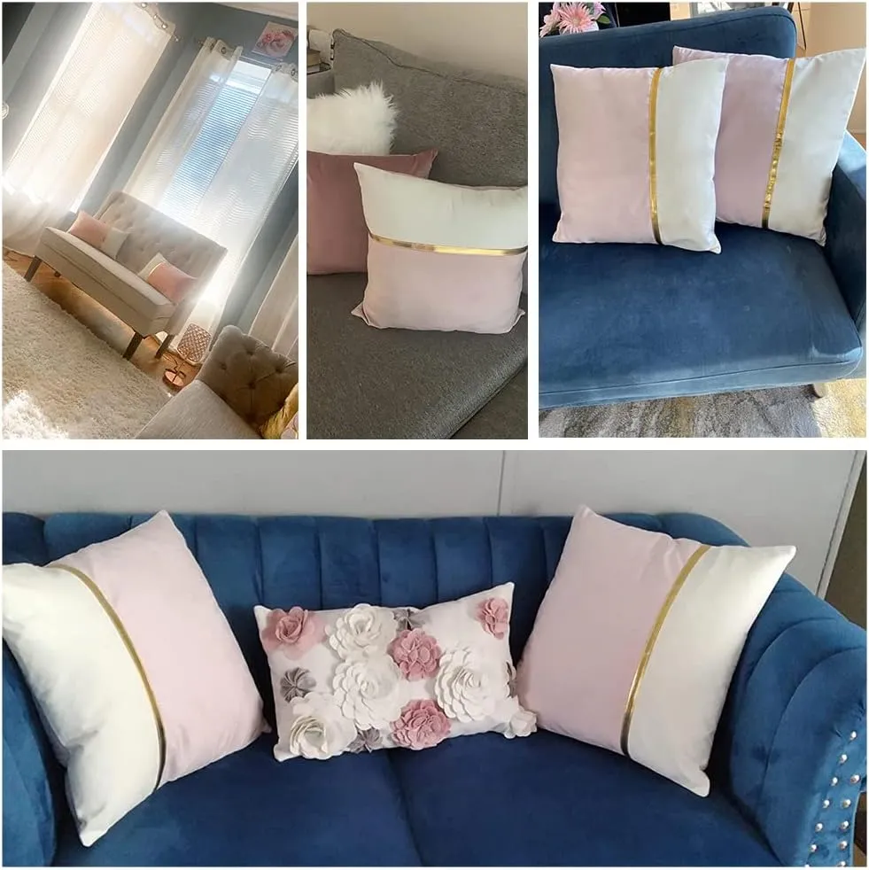 Fancy Homi 2 Packs Pink Throw Pillow Covers 22x22 Inch for Living Room Couch Bed, Blush Pink and White Velvet Patchwork with Gold Leather, Luxury Modern Home Decor, Accent Cushion Case 55x55 cm