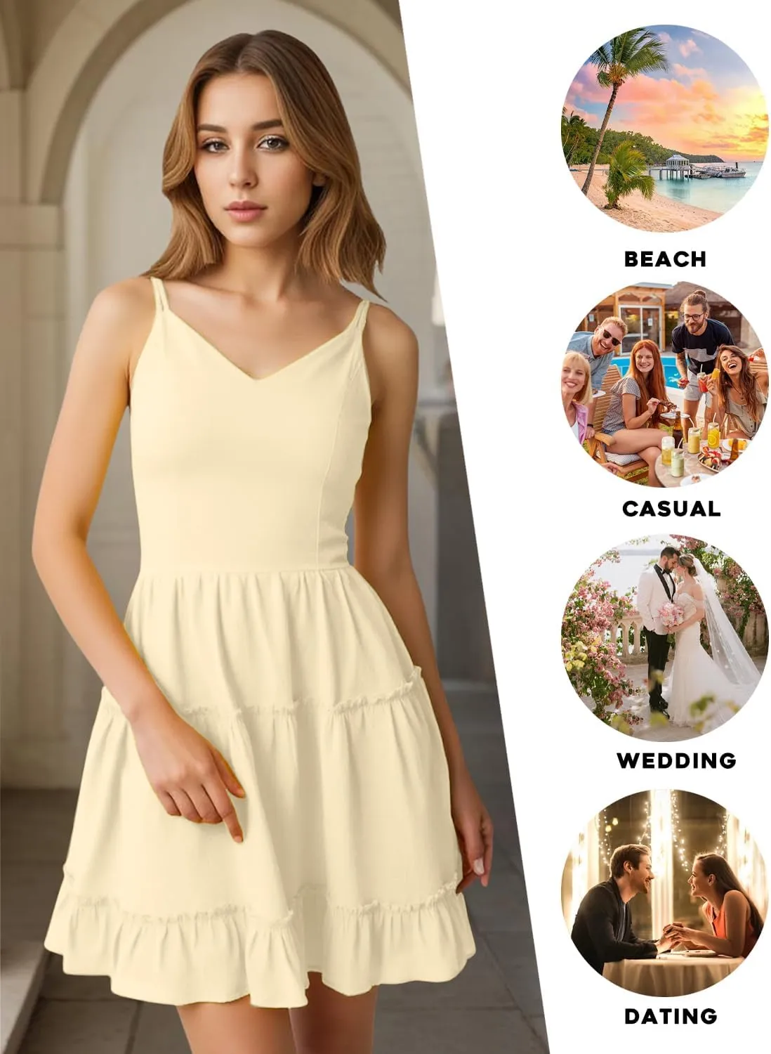 FANCYINN Women Floral Casual Tiered Mini Dresses Spaghetti Strap V Neck Backless A Line Swing Short Dress with Pockets
