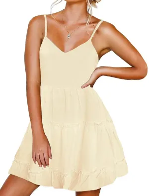 FANCYINN Women Floral Casual Tiered Mini Dresses Spaghetti Strap V Neck Backless A Line Swing Short Dress with Pockets