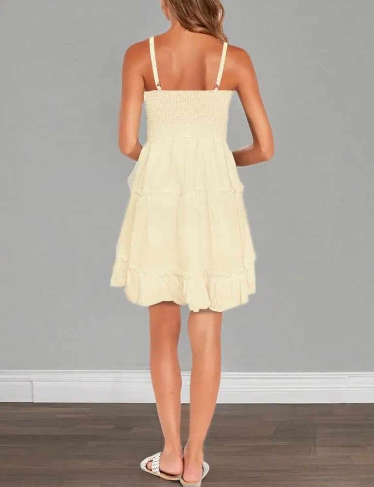 FANCYINN Women Floral Casual Tiered Mini Dresses Spaghetti Strap V Neck Backless A Line Swing Short Dress with Pockets