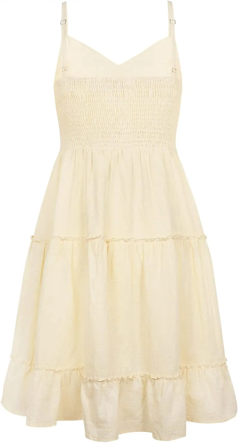 FANCYINN Women Floral Casual Tiered Mini Dresses Spaghetti Strap V Neck Backless A Line Swing Short Dress with Pockets