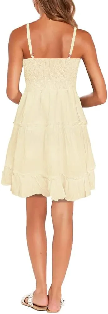 FANCYINN Women Floral Casual Tiered Mini Dresses Spaghetti Strap V Neck Backless A Line Swing Short Dress with Pockets