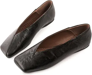 Fandimeier Women's Leather Ballet Flats Squared Toe Comfortable Dressy Slip On Walking Shoes for Casual Work