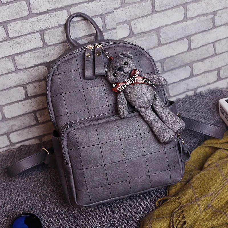 Fashion Small Bear Pendant Girls Schoolbag Nubuck Leather Women Backpack Double Zipper Women Bag Vintage Backpack