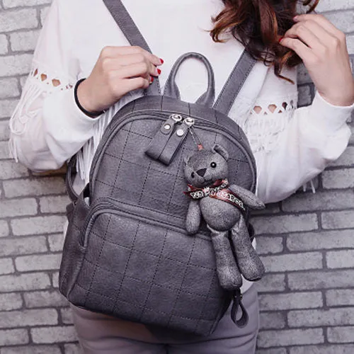 Fashion Small Bear Pendant Girls Schoolbag Nubuck Leather Women Backpack Double Zipper Women Bag Vintage Backpack