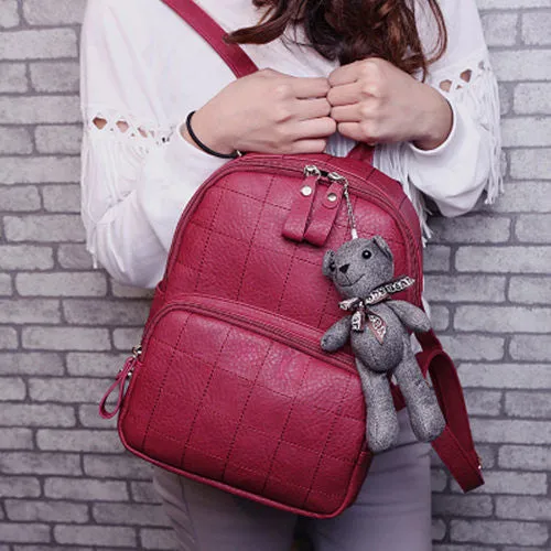 Fashion Small Bear Pendant Girls Schoolbag Nubuck Leather Women Backpack Double Zipper Women Bag Vintage Backpack