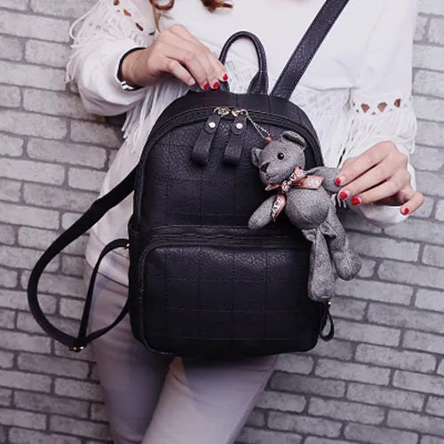 Fashion Small Bear Pendant Girls Schoolbag Nubuck Leather Women Backpack Double Zipper Women Bag Vintage Backpack