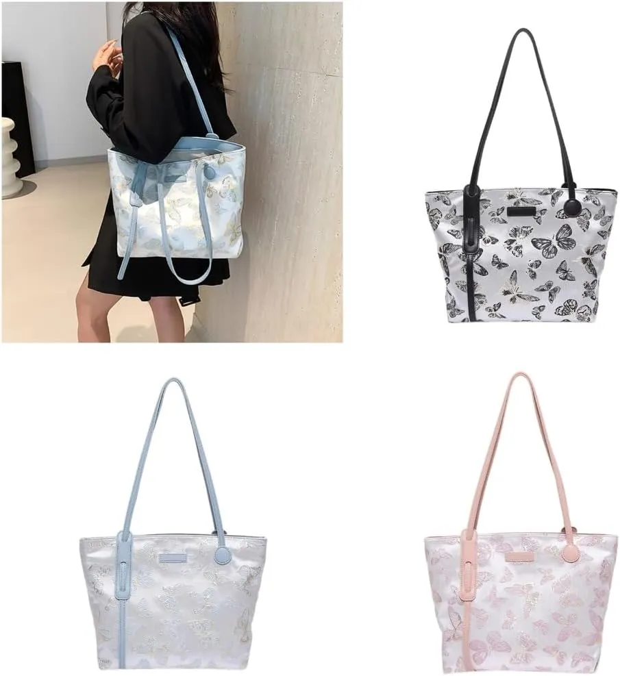 Fashionable Women's Canvas Shoulder Bag with Embroidered Butterfly Top Handle Bags Casual Handbag for Daily Use