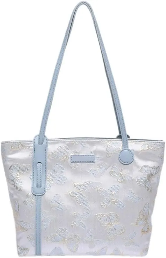 Fashionable Women's Canvas Shoulder Bag with Embroidered Butterfly Top Handle Bags Casual Handbag for Daily Use