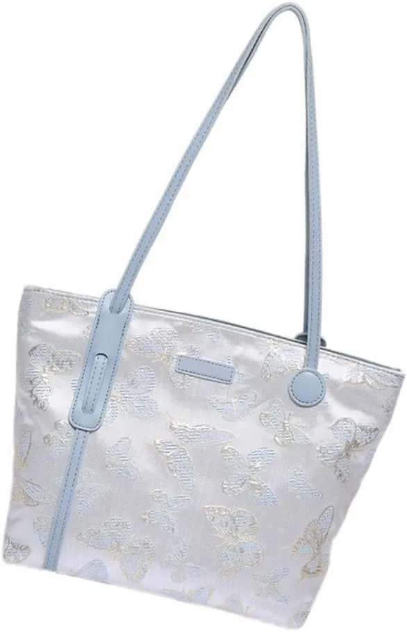 Fashionable Women's Canvas Shoulder Bag with Embroidered Butterfly Top Handle Bags Casual Handbag for Daily Use