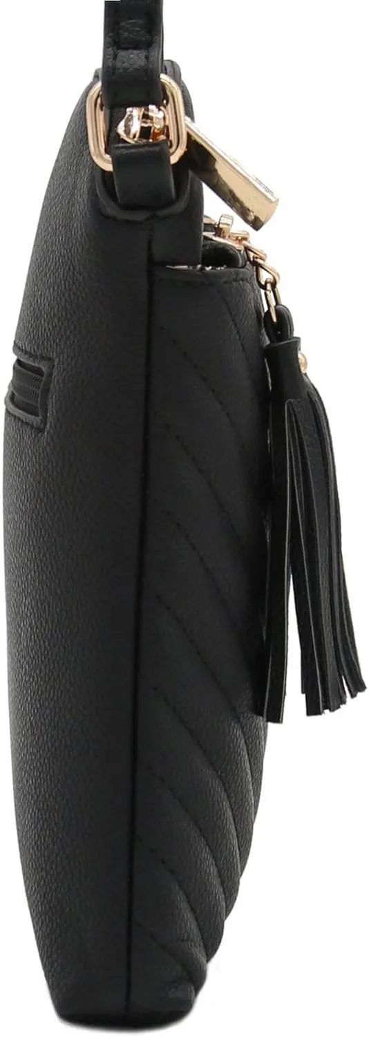 FashionPuzzle Chevron Quilted Medium Crossbody Bag with Tassel Accent