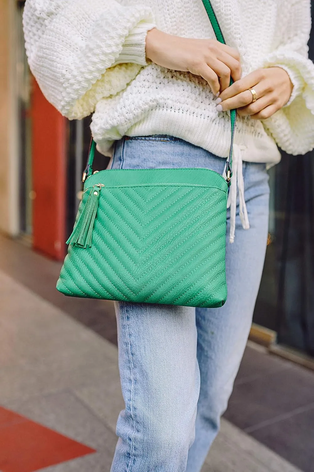 FashionPuzzle Chevron Quilted Medium Crossbody Bag with Tassel Accent