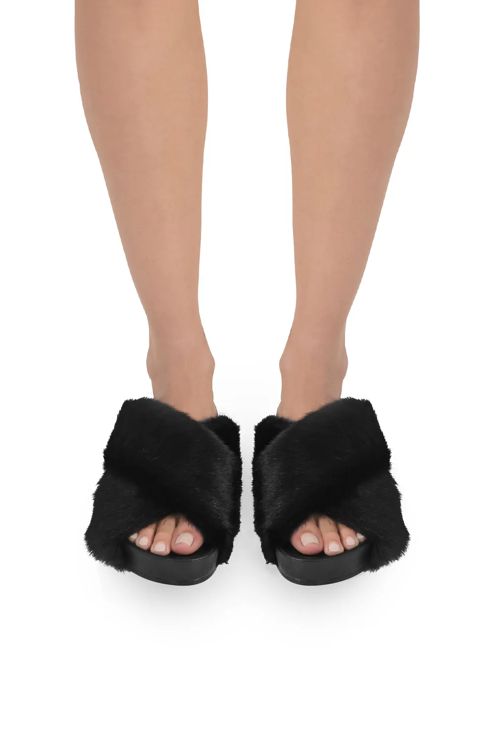 FAUX FUR CROSSOVER SLIDE | BLACK