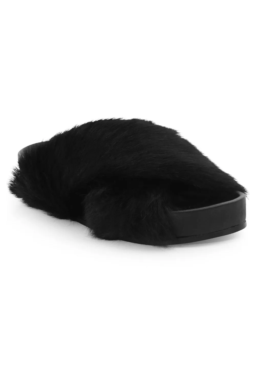 FAUX FUR CROSSOVER SLIDE | BLACK