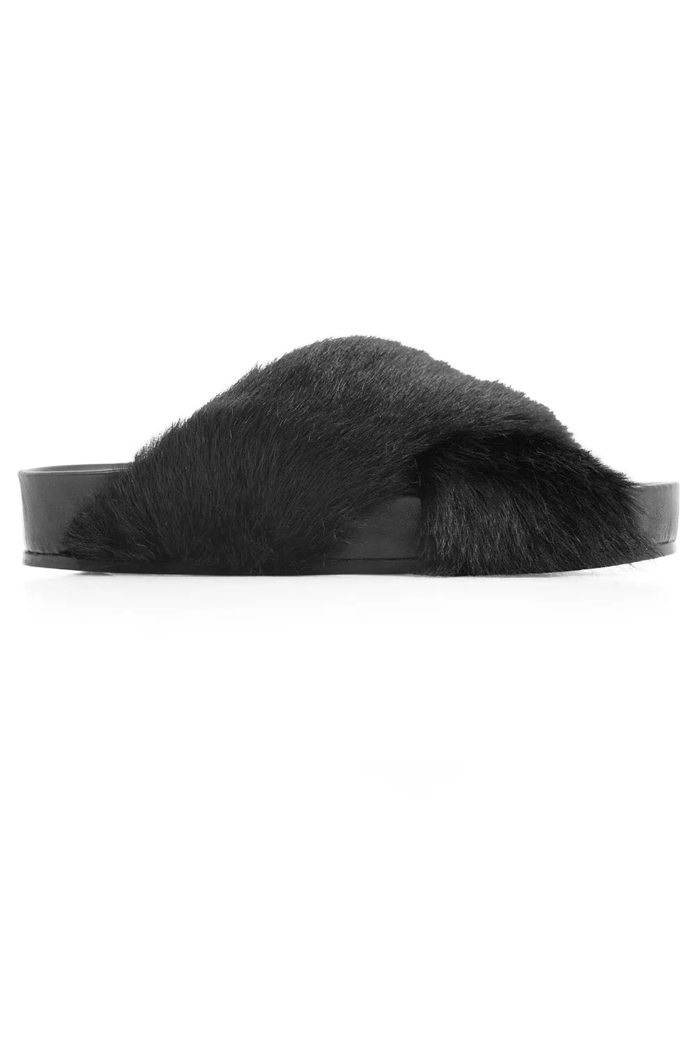 FAUX FUR CROSSOVER SLIDE | BLACK