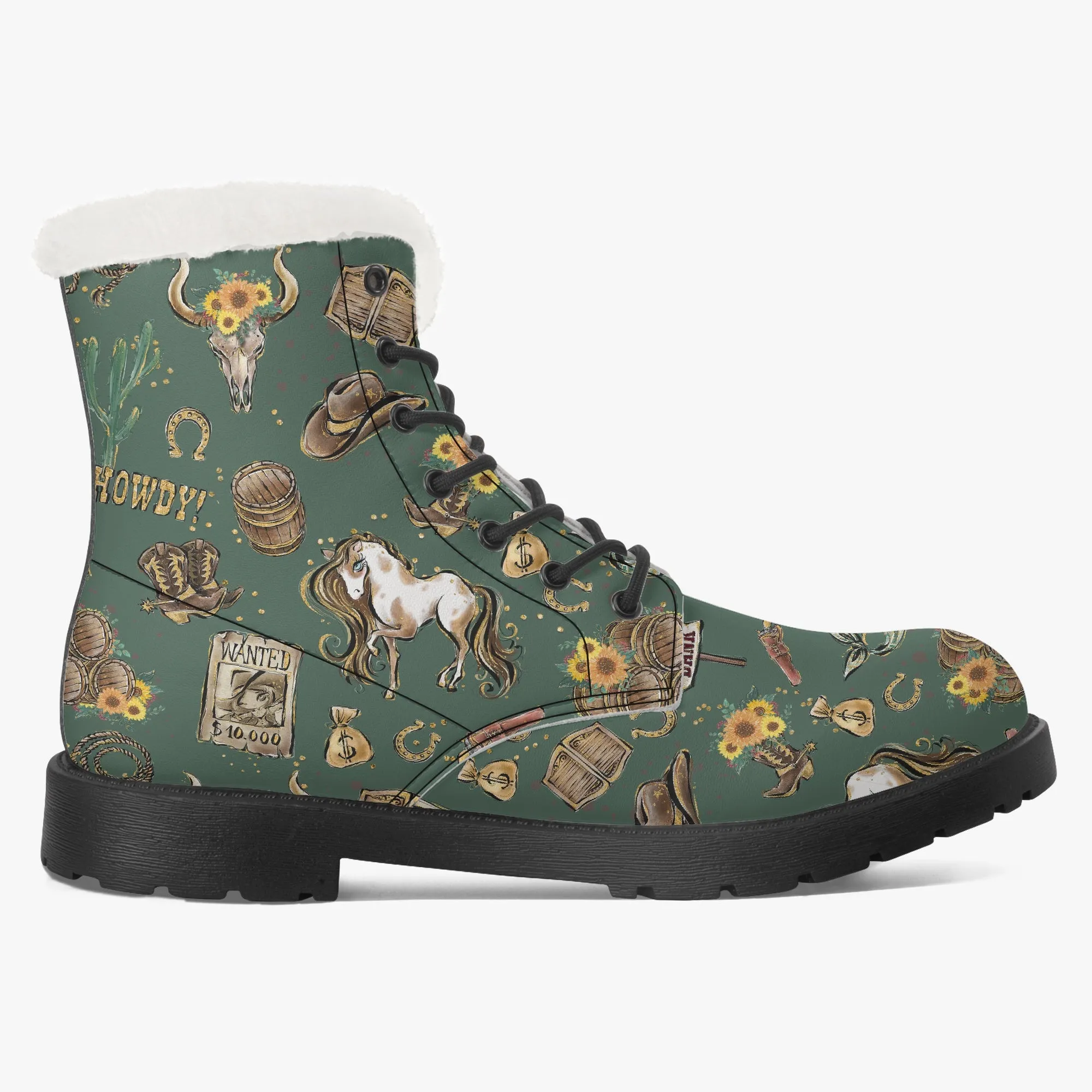 Faux Fur Leather Boots Howdy Cowboy