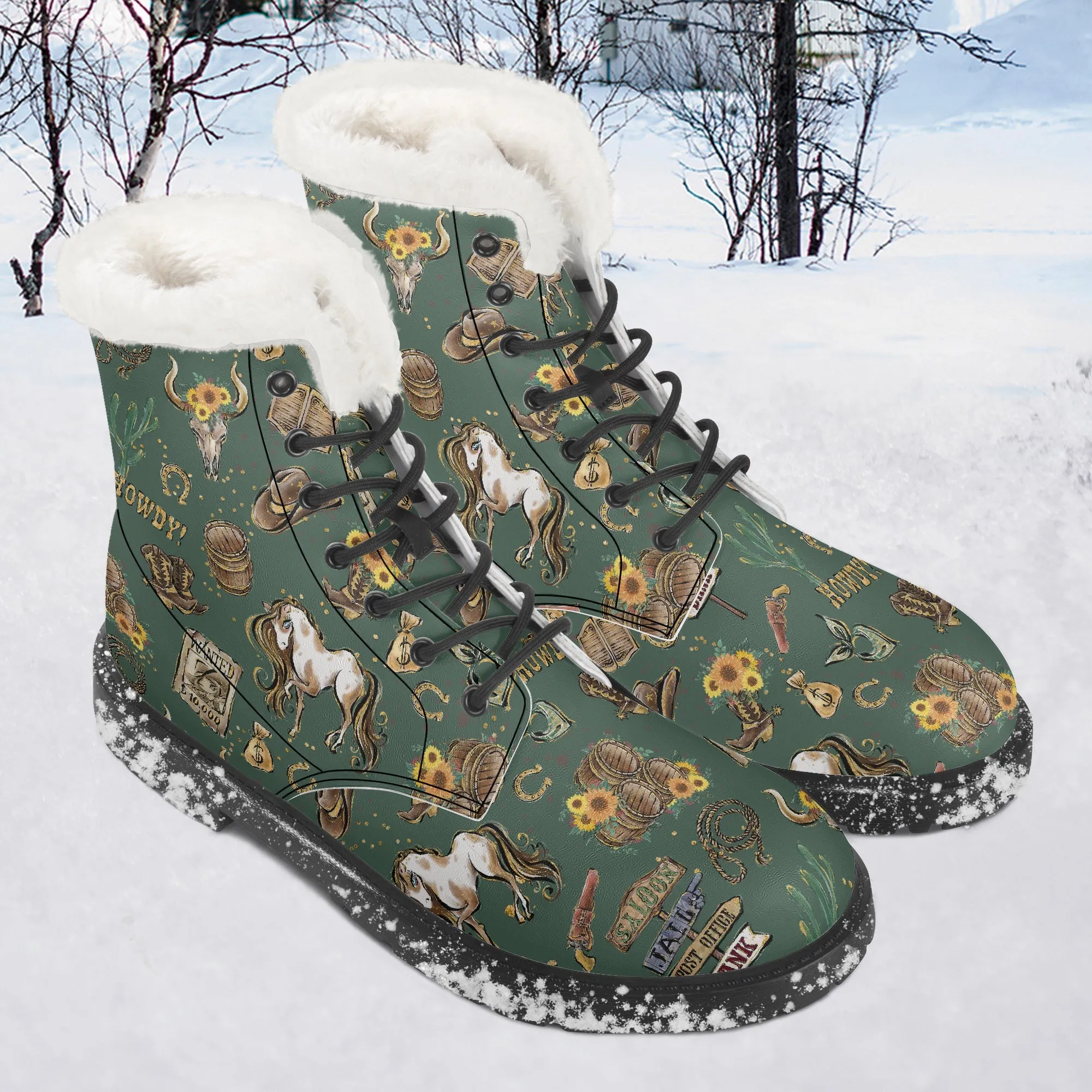 Faux Fur Leather Boots Howdy Cowboy