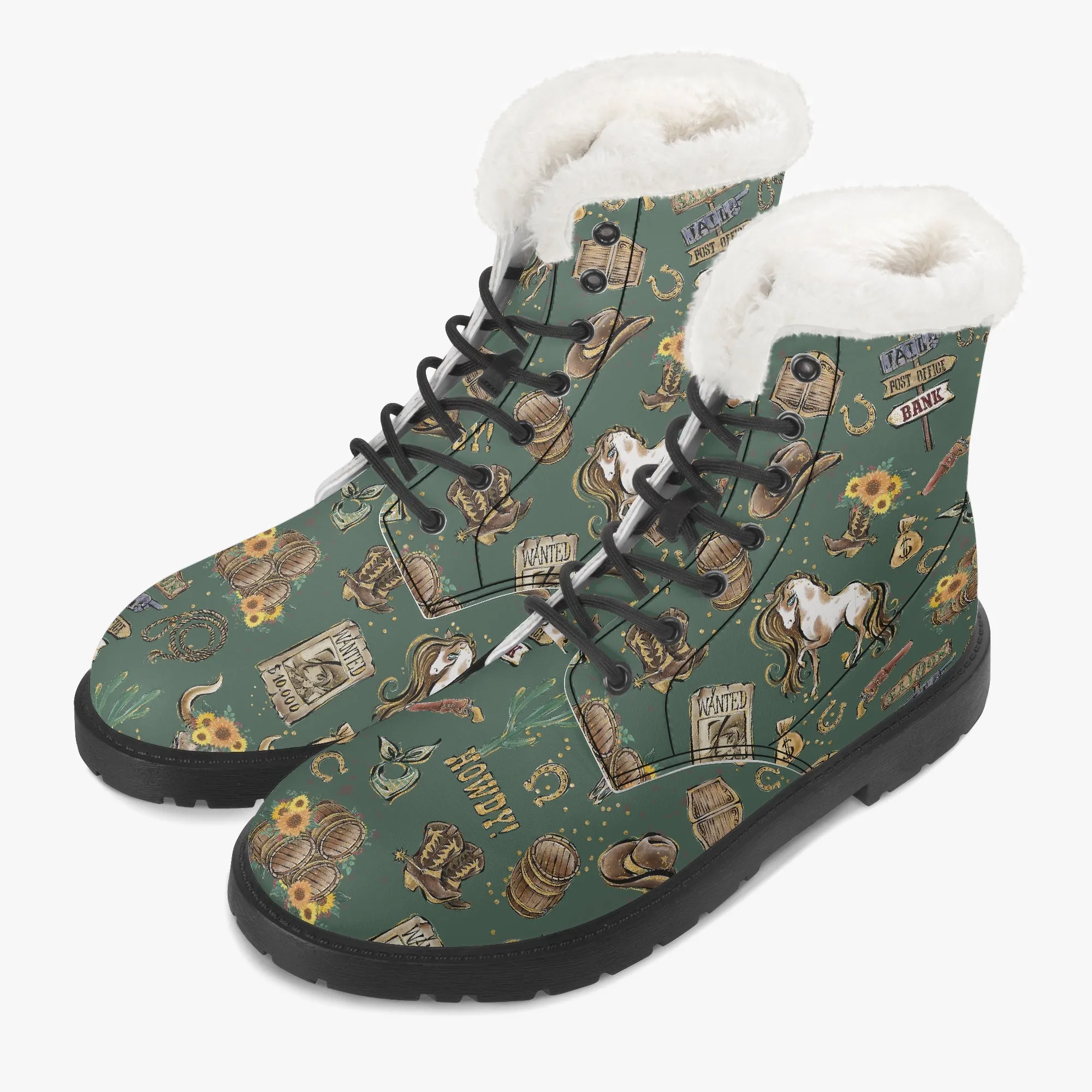 Faux Fur Leather Boots Howdy Cowboy