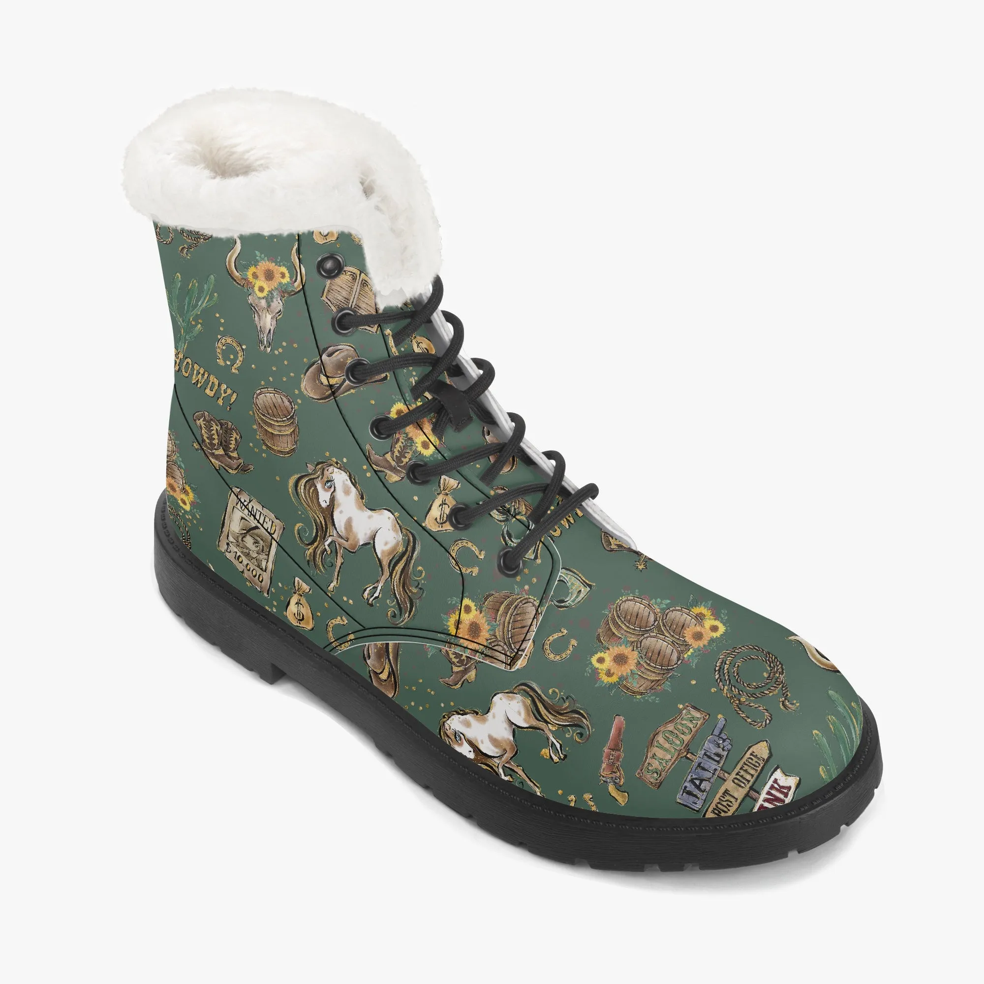 Faux Fur Leather Boots Howdy Cowboy