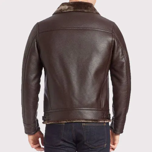 Faux Fur-Lined Brown Leather Bomber Jacket