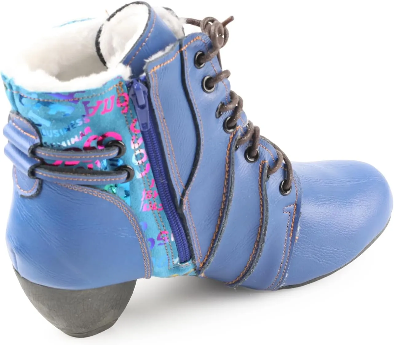 Faux Fur Lining Women's Retro Polka Dot Leather Patchwork Booties Low Heel Lace-up Women's Ankle Snow Boots