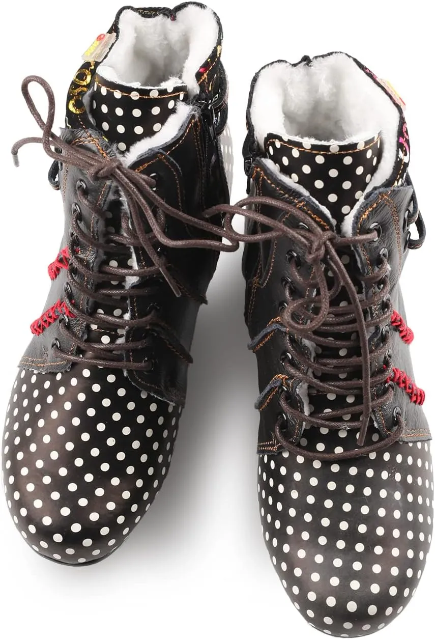 Faux Fur Lining Women's Retro Polka Dot Leather Patchwork Booties Low Heel Lace-up Women's Ankle Snow Boots