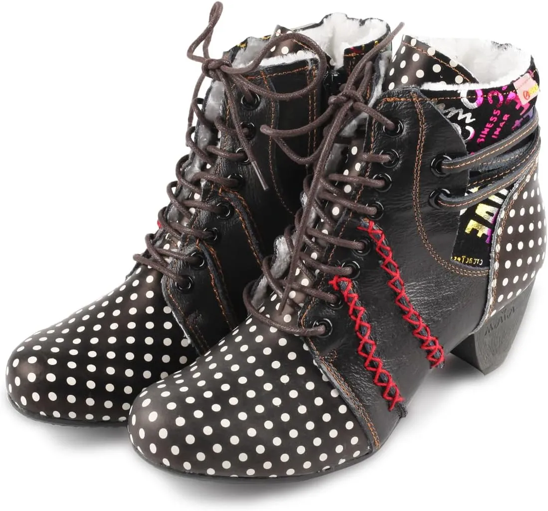 Faux Fur Lining Women's Retro Polka Dot Leather Patchwork Booties Low Heel Lace-up Women's Ankle Snow Boots