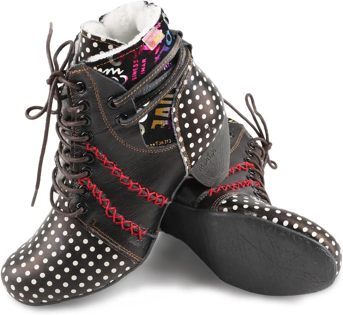 Faux Fur Lining Women's Retro Polka Dot Leather Patchwork Booties Low Heel Lace-up Women's Ankle Snow Boots