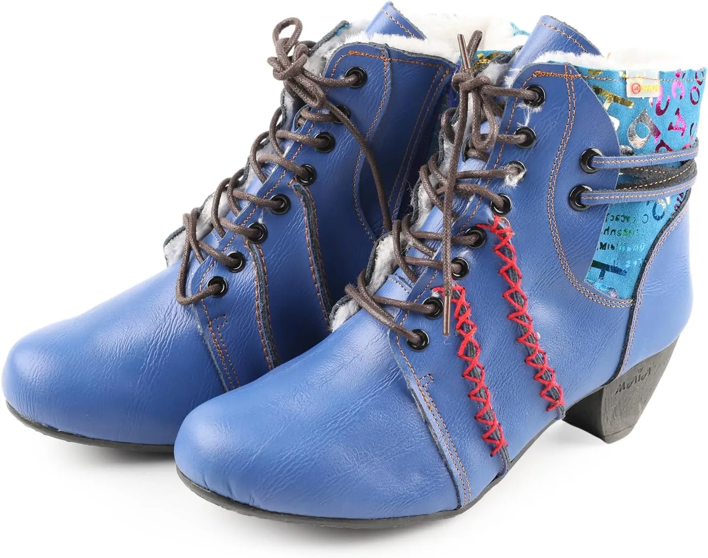 Faux Fur Lining Women's Retro Polka Dot Leather Patchwork Booties Low Heel Lace-up Women's Ankle Snow Boots