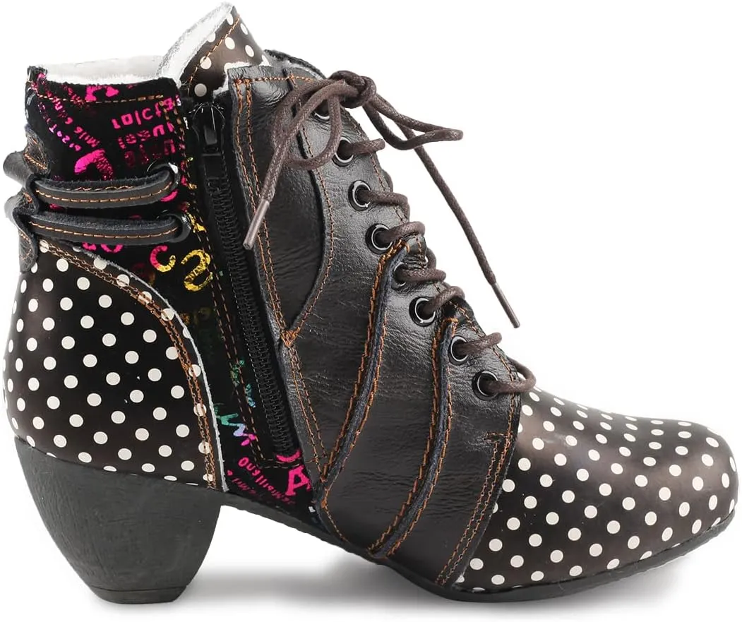 Faux Fur Lining Women's Retro Polka Dot Leather Patchwork Booties Low Heel Lace-up Women's Ankle Snow Boots