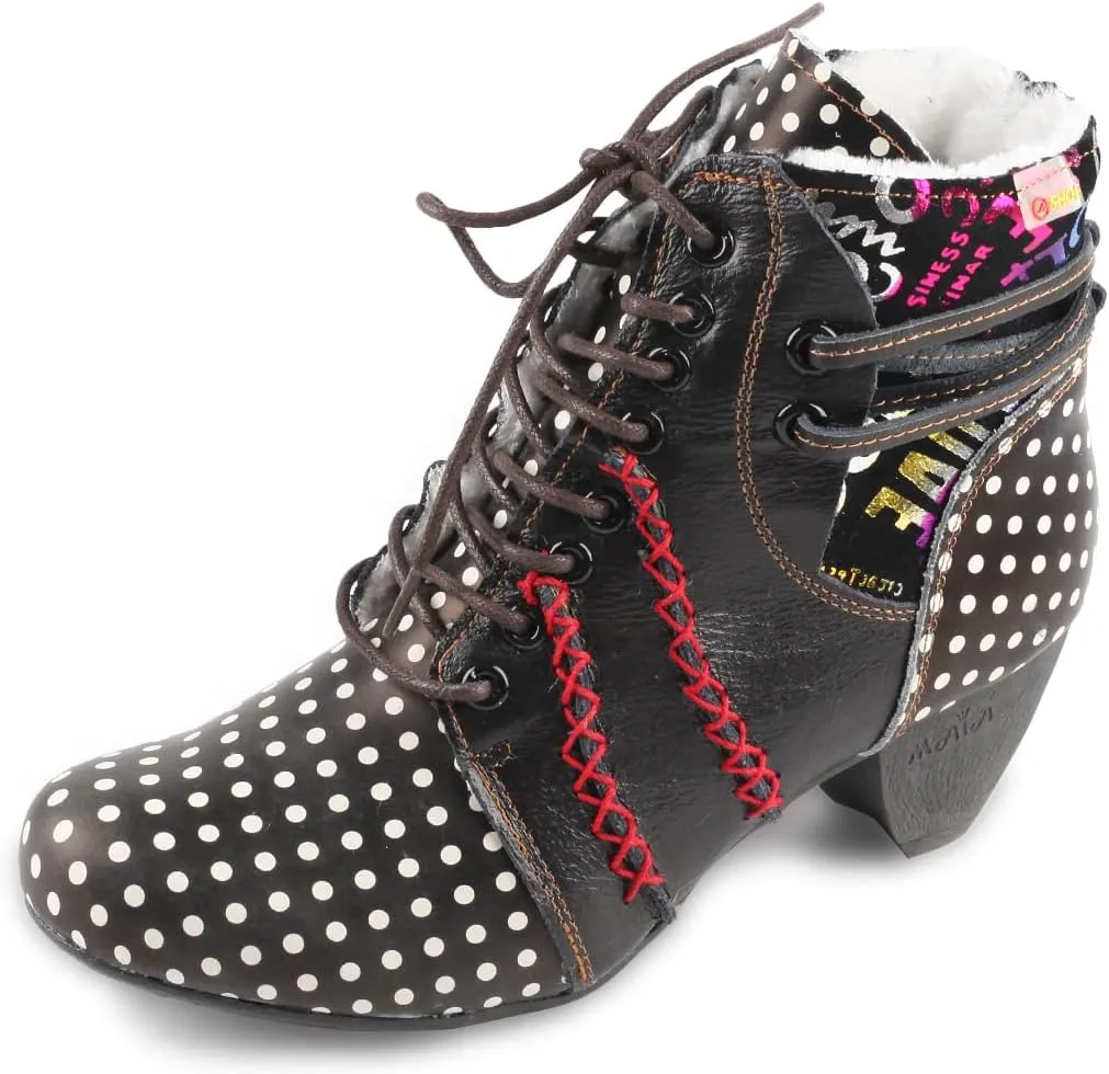 Faux Fur Lining Women's Retro Polka Dot Leather Patchwork Booties Low Heel Lace-up Women's Ankle Snow Boots