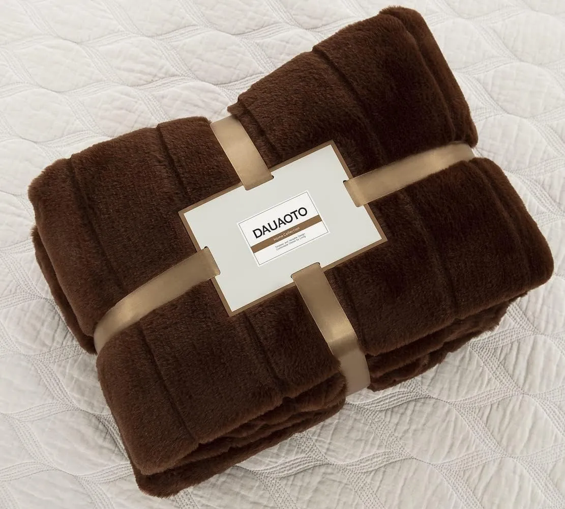 Faux Fur Throw Ultra Soft Double Sided, Fluffy Blanket for Winter Sofa Couch, Cuddly & Warm (50"x 60", Brown)