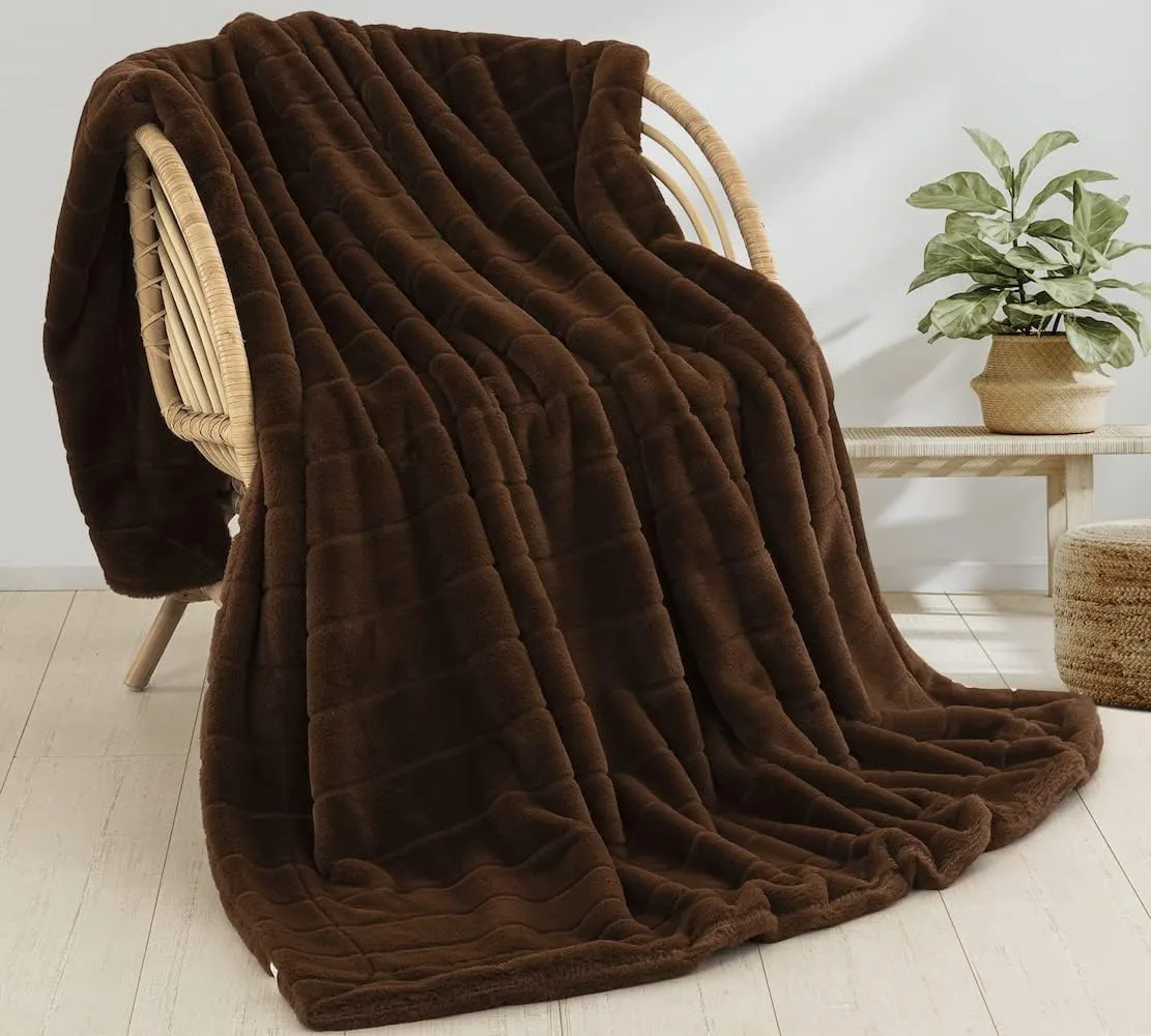Faux Fur Throw Ultra Soft Double Sided, Fluffy Blanket for Winter Sofa Couch, Cuddly & Warm (50"x 60", Brown)