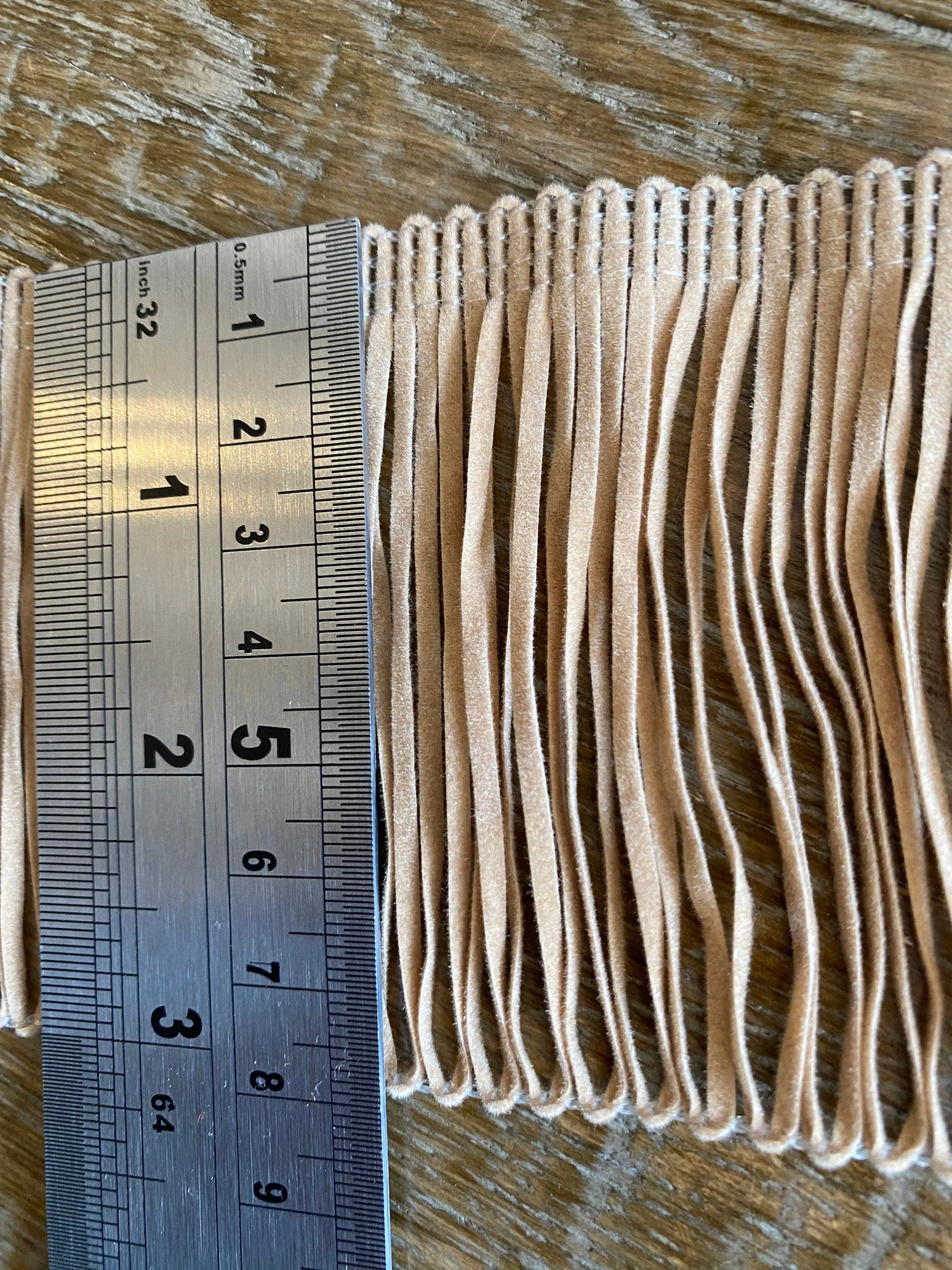 Faux suede fringe, Fawn colour fringe, classic colour fringe, 3” wide fringe